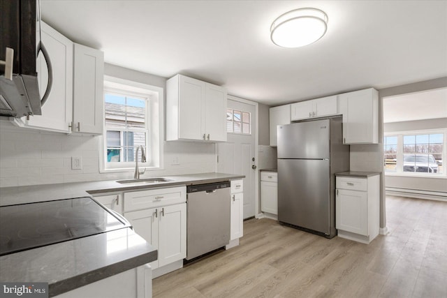 kitchen with light wood finished floors, white cabinets, a sink, stainless steel appliances, and backsplash