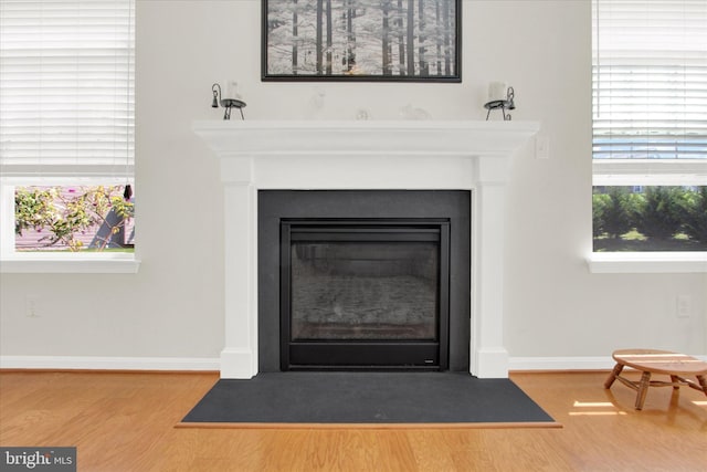 room details featuring baseboards, a fireplace with flush hearth, and wood finished floors