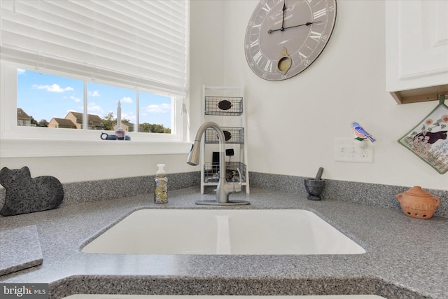 details with white cabinetry and a sink