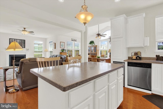 kitchen with a wealth of natural light, dishwasher, ceiling fan, and wood finished floors