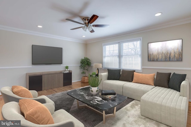 living area featuring a ceiling fan, crown molding, recessed lighting, and wood finished floors