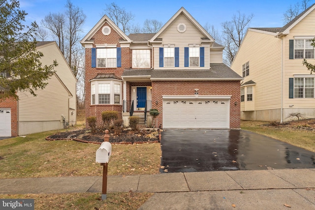 traditional home featuring a garage, brick siding, driveway, and roof with shingles