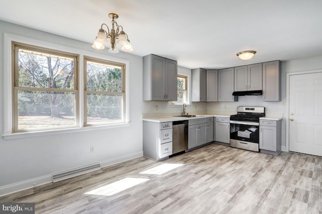 kitchen featuring visible vents, gray cabinetry, under cabinet range hood, appliances with stainless steel finishes, and a sink