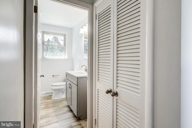 bathroom featuring vanity, toilet, wood finished floors, and a closet