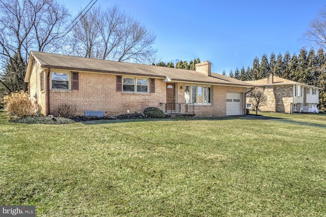 ranch-style home with a front lawn, brick siding, an attached garage, and a chimney