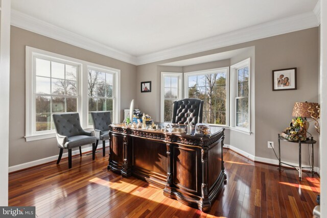 home office featuring baseboards, dark wood-style flooring, and ornamental molding