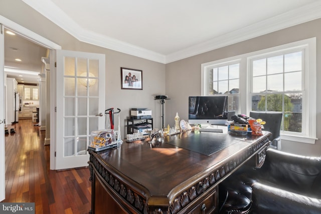 office space with dark wood finished floors and ornamental molding