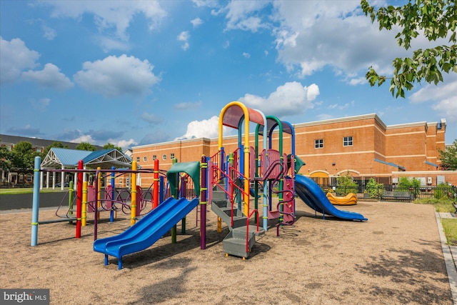 community jungle gym with fence