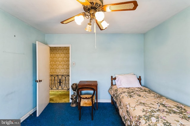 bedroom with baseboards, carpet floors, and ceiling fan