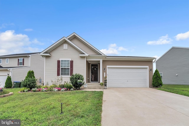 single story home featuring driveway, a front lawn, and an attached garage