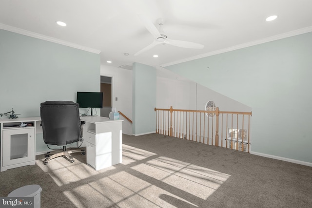 carpeted home office with a ceiling fan, recessed lighting, baseboards, and ornamental molding