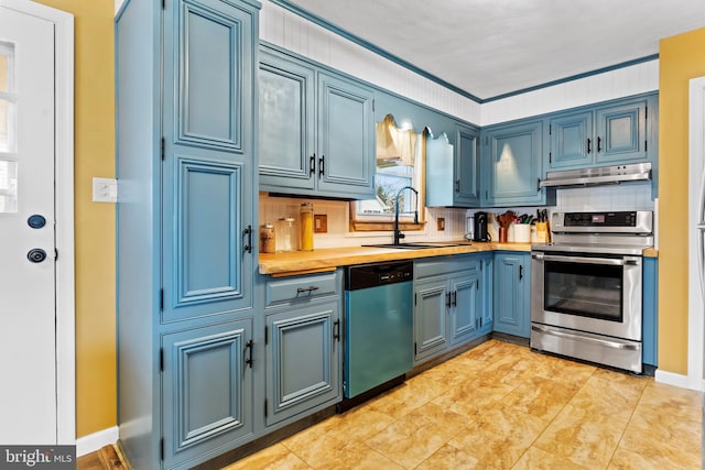 kitchen with electric stove, a sink, under cabinet range hood, tasteful backsplash, and dishwasher