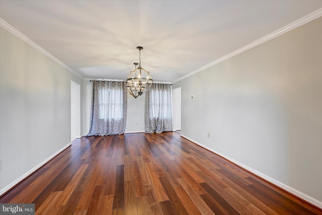 unfurnished dining area with baseboards, ornamental molding, a chandelier, and dark wood-style floors