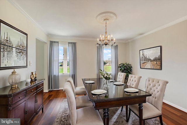 dining area featuring baseboards, an inviting chandelier, dark wood-type flooring, and ornamental molding