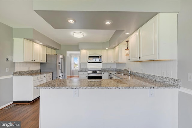 kitchen featuring stainless steel appliances, a sink, dark wood-type flooring, baseboards, and a peninsula