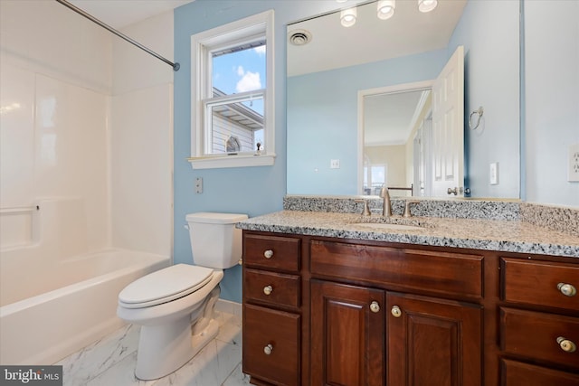 full bathroom with vanity, marble finish floor, shower / tub combination, toilet, and visible vents