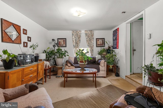 living room featuring light carpet