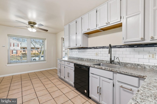 kitchen with backsplash, ceiling fan, black dishwasher, white cabinetry, and a sink