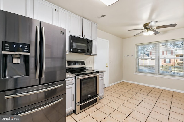 kitchen with visible vents, appliances with stainless steel finishes, white cabinets, baseboards, and ceiling fan