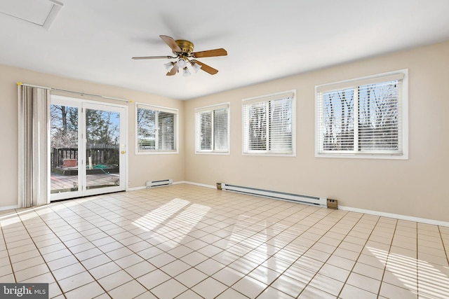 empty room with a baseboard radiator, baseboards, light tile patterned flooring, and a ceiling fan