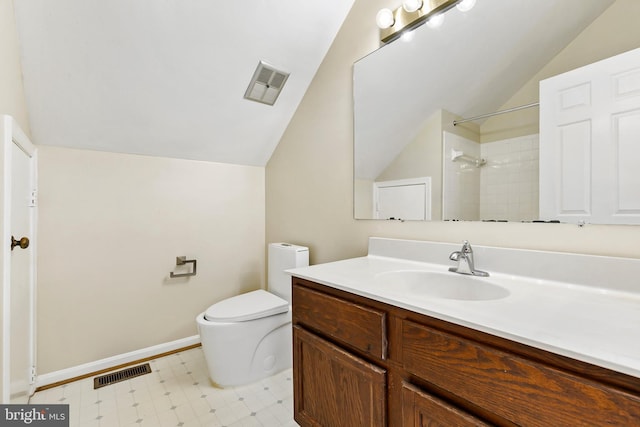 bathroom with visible vents, walk in shower, toilet, and baseboards