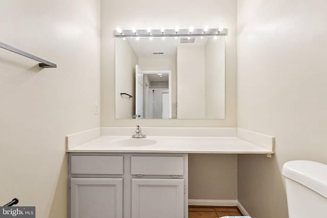 bathroom featuring tile patterned floors, visible vents, toilet, and vanity