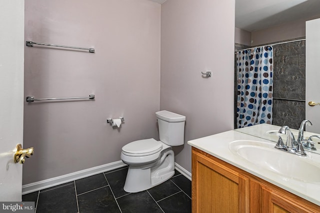 full bath with tile patterned flooring, toilet, vanity, and baseboards