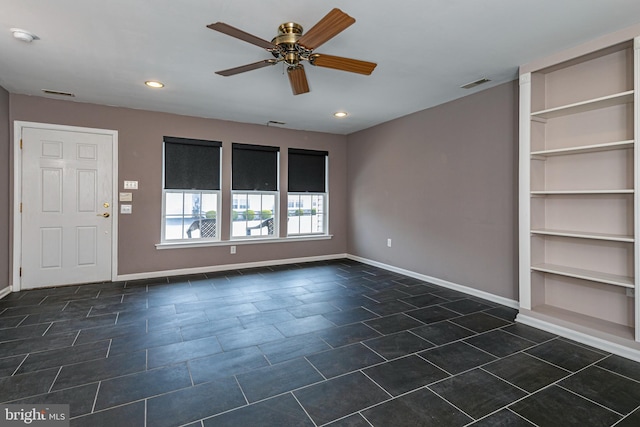 interior space with recessed lighting, baseboards, visible vents, and ceiling fan