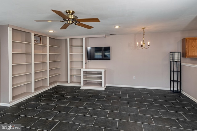 interior space with recessed lighting, baseboards, dark tile patterned floors, and ceiling fan with notable chandelier