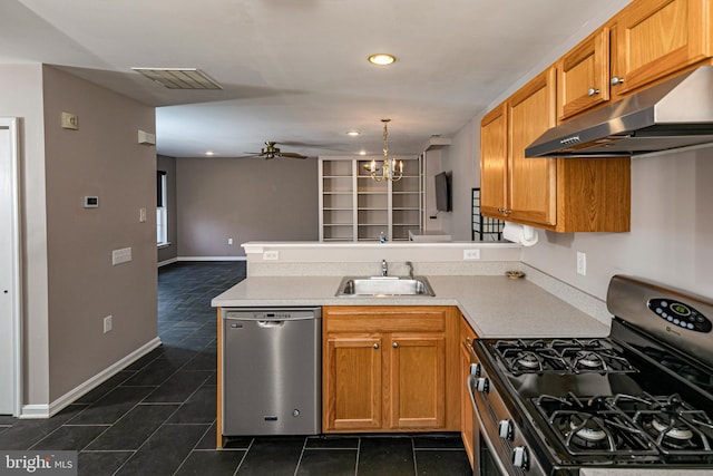 kitchen featuring visible vents, under cabinet range hood, appliances with stainless steel finishes, a peninsula, and a sink