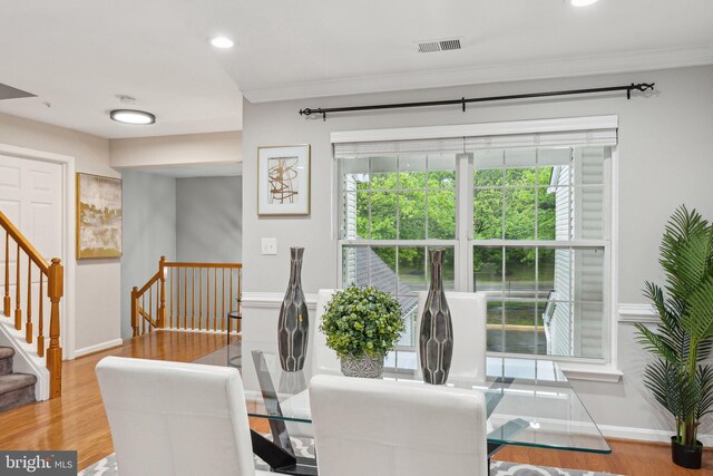 6603 Netties Ln Unit 1706, Alexandria, VA 22315 - dining space with ornamental molding, wood finished floors, baseboards, recessed lighting, and stairs