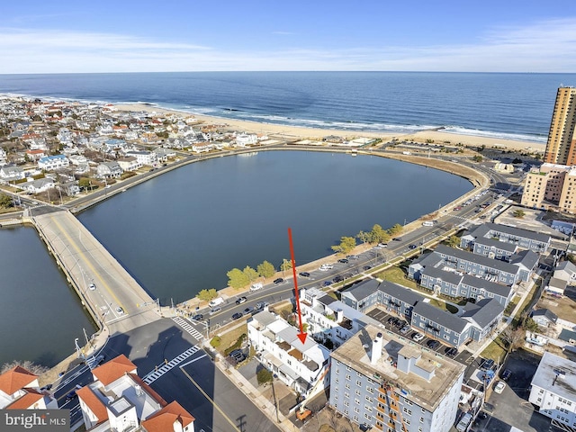 aerial view featuring a water view