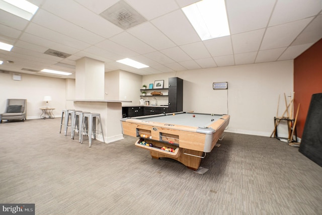 recreation room featuring a drop ceiling, carpet floors, baseboards, and pool table