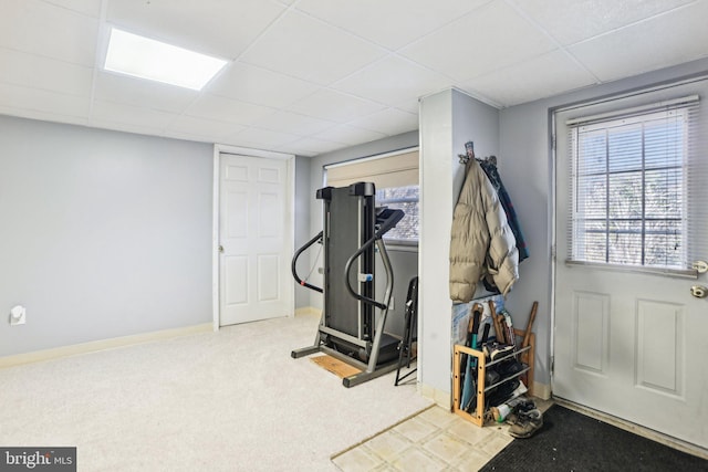 workout room featuring carpet, baseboards, and a drop ceiling