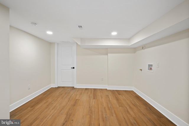 interior space featuring recessed lighting, visible vents, baseboards, and light wood-style floors