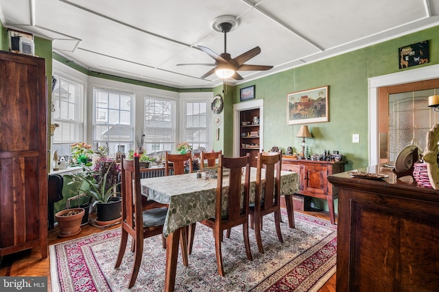 dining area with wood finished floors and ceiling fan