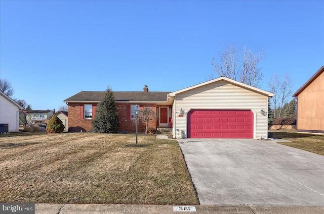 single story home featuring driveway, a front lawn, an attached garage, brick siding, and central AC unit