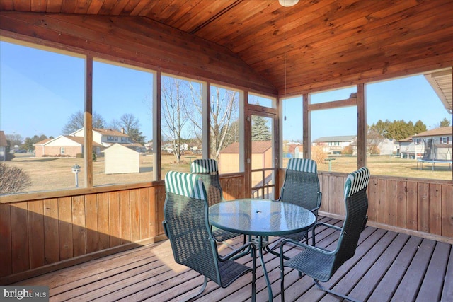 sunroom with a wealth of natural light, a residential view, wood ceiling, and lofted ceiling