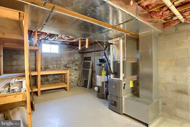 basement with heating unit and water heater