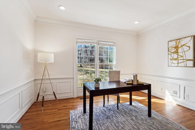 office with recessed lighting, light wood-style flooring, and ornamental molding