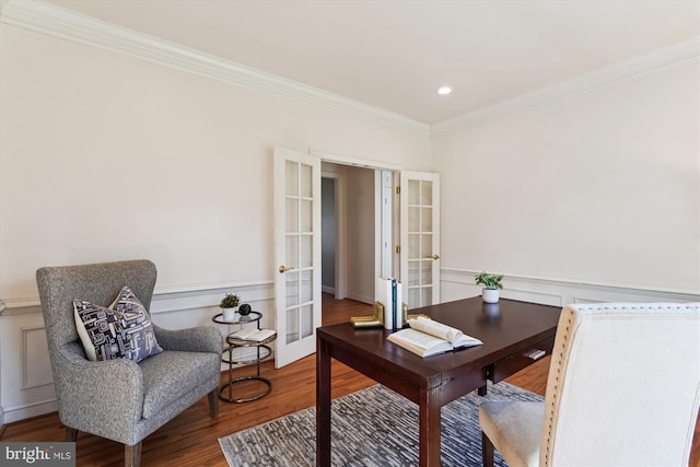 home office featuring recessed lighting, french doors, wood finished floors, and ornamental molding