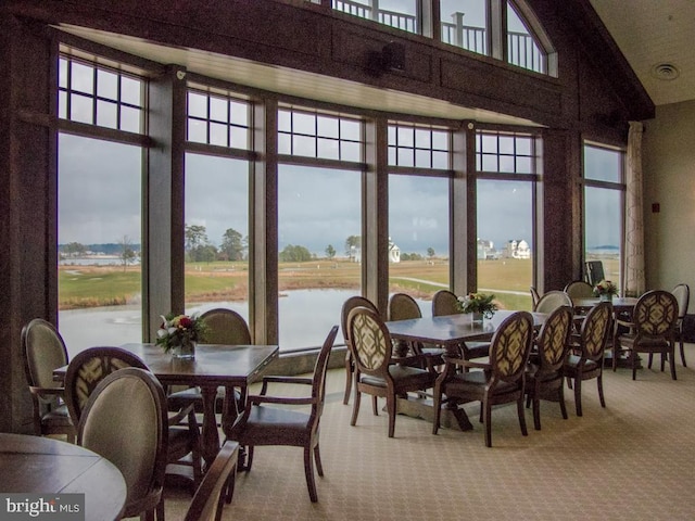 33565 Windswept Dr Unit 10201, Millsboro, DE 19966 - dining room with a water view, a towering ceiling, and carpet floors