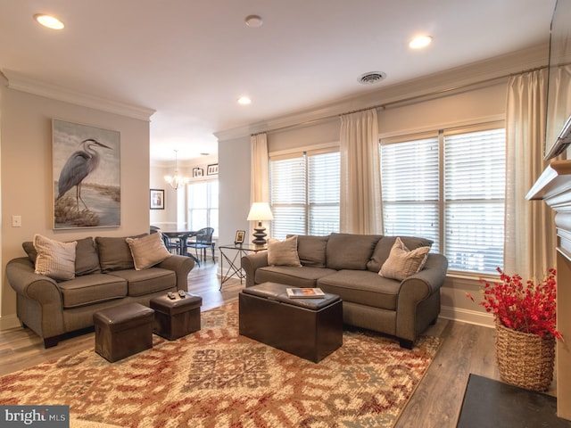 33565 Windswept Dr Unit 10201, Millsboro, DE 19966 - living area featuring visible vents, wood finished floors, ornamental molding, and a chandelier