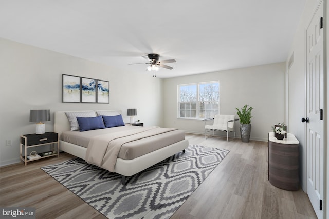 bedroom featuring light wood-style floors, baseboards, and a closet