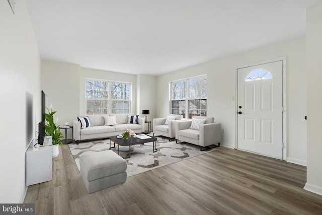 living room with baseboards and wood finished floors