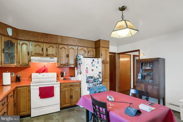 kitchen featuring brown cabinets, under cabinet range hood, white appliances, concrete floors, and light countertops