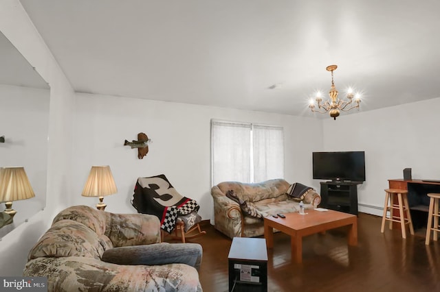 living room featuring an inviting chandelier, wood finished floors, and baseboard heating