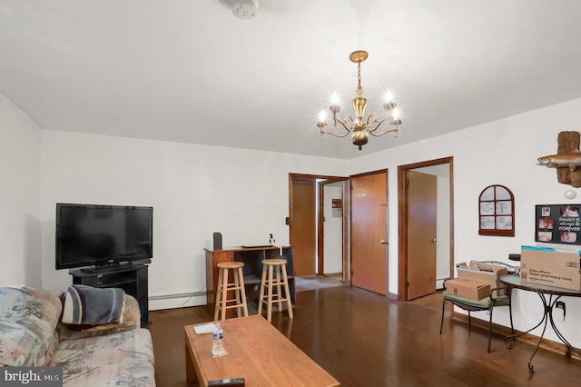 living area with a baseboard heating unit and a notable chandelier