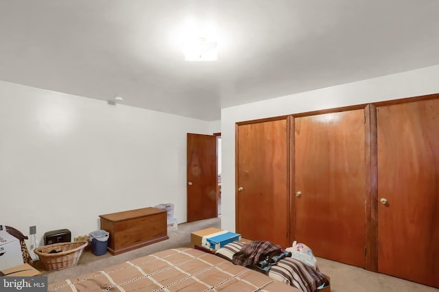 bedroom featuring a closet and light carpet