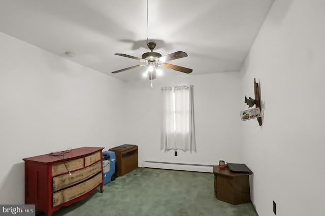 interior space featuring a baseboard heating unit, ceiling fan, and carpet floors